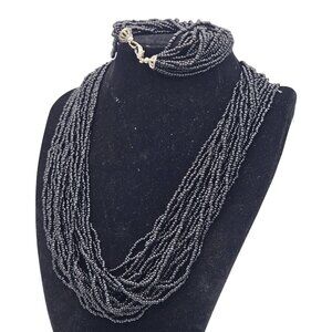 Vintage Multistrand Chunky Black Glass Seed Bead Necklace Bracelet Set Torsade